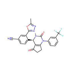 Cc1nnc(-c2cc(C#N)ccc2[C@@H]2C3=C(CCC3=O)N(c3cccc(C(F)(F)F)c3)C(=O)N2C)o1 ZINC001772646688