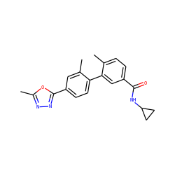 Cc1nnc(-c2ccc(-c3cc(C(=O)NC4CC4)ccc3C)c(C)c2)o1 ZINC000033969098