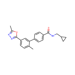 Cc1nnc(-c2ccc(C)c(-c3ccc(C(=O)NCC4CC4)cc3)c2)o1 ZINC000016052768