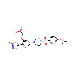 Cc1nnc(-c2ccc(N3CCN(S(=O)(=O)c4ccc(OC(C)C)cc4)CC3)cc2OCC(=O)O)o1 ZINC001772647116