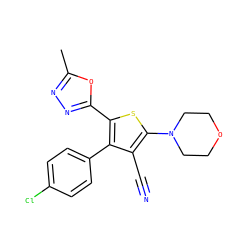 Cc1nnc(-c2sc(N3CCOCC3)c(C#N)c2-c2ccc(Cl)cc2)o1 ZINC000084596328