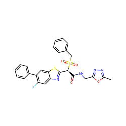Cc1nnc(CNC(=O)[C@@H](c2nc3cc(F)c(-c4ccccc4)cc3s2)S(=O)(=O)Cc2ccccc2)o1 ZINC000144187895