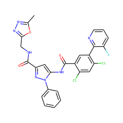 Cc1nnc(CNC(=O)c2cc(NC(=O)c3cc(-c4ncccc4F)c(Cl)cc3Cl)n(-c3ccccc3)n2)o1 ZINC001772596631