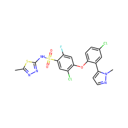 Cc1nnc(NS(=O)(=O)c2cc(Cl)c(Oc3ccc(Cl)cc3-c3ccnn3C)cc2F)s1 ZINC000095583608