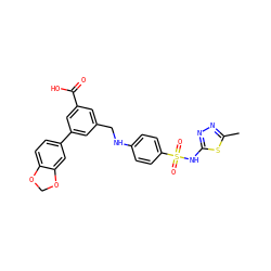 Cc1nnc(NS(=O)(=O)c2ccc(NCc3cc(C(=O)O)cc(-c4ccc5c(c4)OCO5)c3)cc2)s1 ZINC000473131337