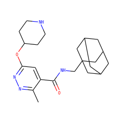 Cc1nnc(OC2CCNCC2)cc1C(=O)NCC12CC3CC(CC(C3)C1)C2 ZINC000028825977