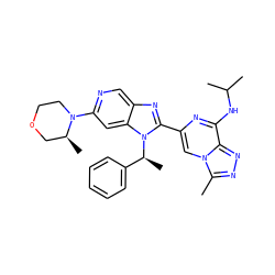 Cc1nnc2c(NC(C)C)nc(-c3nc4cnc(N5CCOC[C@@H]5C)cc4n3[C@@H](C)c3ccccc3)cn12 ZINC000220658591