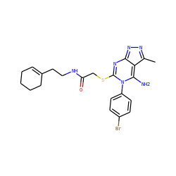 Cc1nnc2nc(SCC(=O)NCCC3=CCCCC3)n(-c3ccc(Br)cc3)c(N)c1-2 ZINC000100532872