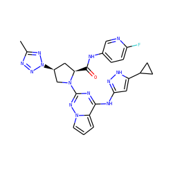 Cc1nnn([C@H]2C[C@@H](C(=O)Nc3ccc(F)nc3)N(c3nc(Nc4cc(C5CC5)[nH]n4)c4cccn4n3)C2)n1 ZINC000143208972