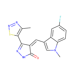 Cc1nnsc1C1=NNC(=O)/C1=C\c1cn(C)c2ccc(F)cc12 ZINC000028954946