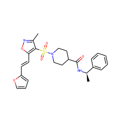 Cc1noc(/C=C/c2ccco2)c1S(=O)(=O)N1CCC(C(=O)N[C@H](C)c2ccccc2)CC1 ZINC000008671654