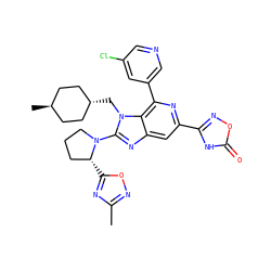 Cc1noc([C@@H]2CCCN2c2nc3cc(-c4noc(=O)[nH]4)nc(-c4cncc(Cl)c4)c3n2C[C@H]2CC[C@H](C)CC2)n1 ZINC000261174357