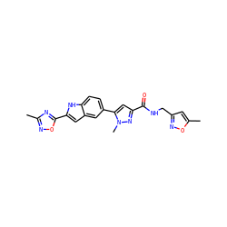 Cc1noc(-c2cc3cc(-c4cc(C(=O)NCc5cc(C)on5)nn4C)ccc3[nH]2)n1 ZINC000115834153