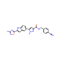 Cc1noc(-c2cc3cc(-c4cc(C(=O)NCc5ccc(C#N)cc5)nn4C)ccc3[nH]2)n1 ZINC000115835918