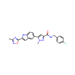 Cc1noc(-c2cc3cc(-c4cc(C(=O)NCc5ccc(F)cc5)nn4C)ccc3[nH]2)n1 ZINC000115832902