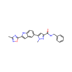 Cc1noc(-c2cc3cc(-c4cc(C(=O)NCc5ccccc5)nn4C)ccc3[nH]2)n1 ZINC000115834106