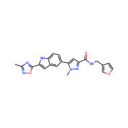 Cc1noc(-c2cc3cc(-c4cc(C(=O)NCc5ccoc5)nn4C)ccc3[nH]2)n1 ZINC000115832928