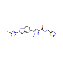 Cc1noc(-c2cc3cc(-c4cc(C(=O)NCc5cncs5)nn4C)ccc3[nH]2)n1 ZINC000115833309