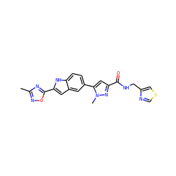 Cc1noc(-c2cc3cc(-c4cc(C(=O)NCc5cscn5)nn4C)ccc3[nH]2)n1 ZINC000115833945