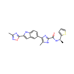 Cc1noc(-c2cc3cc(-c4nc(C(=O)N[C@H](C)c5cccs5)[nH]c4C)ccc3[nH]2)n1 ZINC000115832140