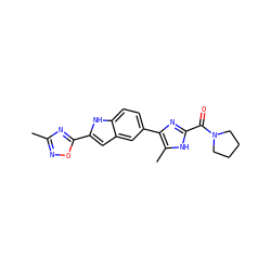 Cc1noc(-c2cc3cc(-c4nc(C(=O)N5CCCC5)[nH]c4C)ccc3[nH]2)n1 ZINC000115831728