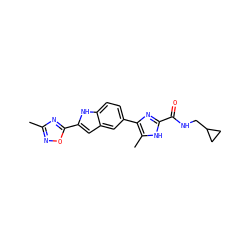 Cc1noc(-c2cc3cc(-c4nc(C(=O)NCC5CC5)[nH]c4C)ccc3[nH]2)n1 ZINC000115833265