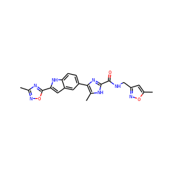 Cc1noc(-c2cc3cc(-c4nc(C(=O)NCc5cc(C)on5)[nH]c4C)ccc3[nH]2)n1 ZINC000115836894