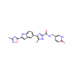 Cc1noc(-c2cc3cc(-c4nc(C(=O)NCc5ccc(=O)[nH]c5)[nH]c4C)ccc3[nH]2)n1 ZINC000068205677