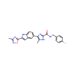 Cc1noc(-c2cc3cc(-c4nc(C(=O)NCc5ccc(F)cc5)[nH]c4C)ccc3[nH]2)n1 ZINC000115831974
