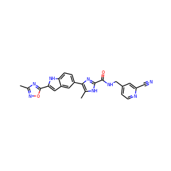 Cc1noc(-c2cc3cc(-c4nc(C(=O)NCc5ccnc(C#N)c5)[nH]c4C)ccc3[nH]2)n1 ZINC000115833868
