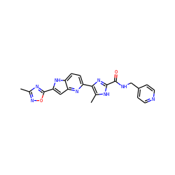 Cc1noc(-c2cc3nc(-c4nc(C(=O)NCc5ccncc5)[nH]c4C)ccc3[nH]2)n1 ZINC000115834821