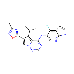 Cc1noc(-c2cn3ncnc(Nc4cnc5[nH]ccc5c4F)c3c2C(C)C)n1 ZINC000029047833