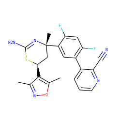 Cc1noc(C)c1[C@@H]1C[C@@](C)(c2cc(-c3cccnc3C#N)c(F)cc2F)N=C(N)S1 ZINC000221391834