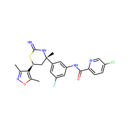 Cc1noc(C)c1[C@@H]1C[C@@](C)(c2cc(F)cc(NC(=O)c3ccc(Cl)cn3)c2)NC(=N)S1 ZINC000653859646