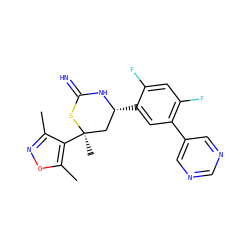 Cc1noc(C)c1[C@]1(C)C[C@@H](c2cc(-c3cncnc3)c(F)cc2F)NC(=N)S1 ZINC000653878742