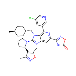 Cc1noc(C)c1[C@H]1CCCN1c1nc2cc(-c3noc(=O)[nH]3)nc(-c3cncc(Cl)c3)c2n1C[C@H]1CC[C@H](C)CC1 ZINC000261103609