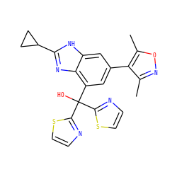Cc1noc(C)c1-c1cc(C(O)(c2nccs2)c2nccs2)c2nc(C3CC3)[nH]c2c1 ZINC000219391862