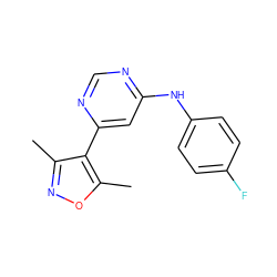 Cc1noc(C)c1-c1cc(Nc2ccc(F)cc2)ncn1 ZINC000004267407