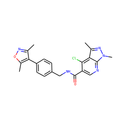 Cc1noc(C)c1-c1ccc(CNC(=O)c2cnc3c(c(C)nn3C)c2Cl)cc1 ZINC000049073159