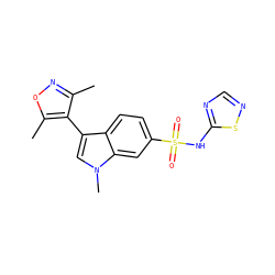 Cc1noc(C)c1-c1cn(C)c2cc(S(=O)(=O)Nc3ncns3)ccc12 ZINC000205422368