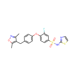 Cc1noc(C)c1Cc1ccc(Oc2ccc(S(=O)(=O)Nc3nccs3)cc2F)cc1 ZINC000095583524