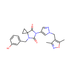 Cc1noc(C)c1Cn1cc(N2C(=O)N(Cc3cccc(O)c3)C3(CC3)C2=O)cn1 ZINC000115733054