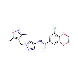 Cc1noc(C)c1Cn1cc(NC(=O)c2cc(Cl)c3c(c2)OCCO3)cn1 ZINC000116767304