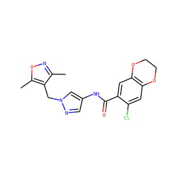 Cc1noc(C)c1Cn1cc(NC(=O)c2cc3c(cc2Cl)OCCO3)cn1 ZINC000116768954