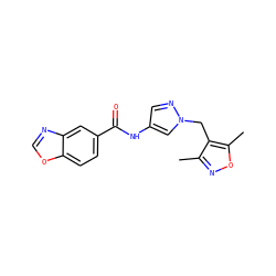 Cc1noc(C)c1Cn1cc(NC(=O)c2ccc3ocnc3c2)cn1 ZINC000115730093