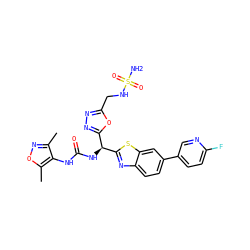 Cc1noc(C)c1NC(=O)N[C@@H](c1nnc(CNS(N)(=O)=O)o1)c1nc2ccc(-c3ccc(F)nc3)cc2s1 ZINC000206761529