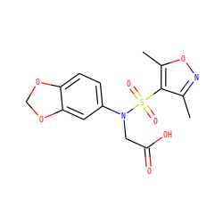 Cc1noc(C)c1S(=O)(=O)N(CC(=O)O)c1ccc2c(c1)OCO2 ZINC000002928375
