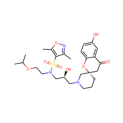 Cc1noc(C)c1S(=O)(=O)N(CCOC(C)C)C[C@@H](O)CN1CCC[C@]2(CC(=O)c3cc(O)ccc3O2)C1 ZINC000071315974