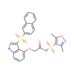Cc1noc(C)c1S(=O)(=O)NC(=O)COc1cccc2[nH]cc(S(=O)(=O)c3ccc4ccccc4c3)c12 ZINC000049867751