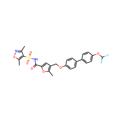 Cc1noc(C)c1S(=O)(=O)NC(=O)c1cc(COc2ccc(-c3ccc(OC(F)F)cc3)cc2)c(C)o1 ZINC000003962731